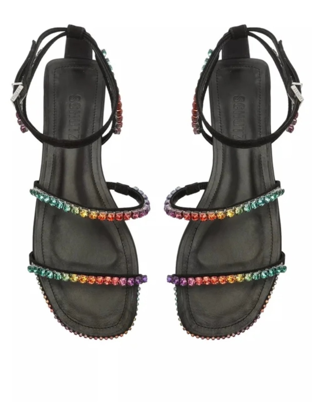 SCHUTZ Black Flat Sandal with Rainbow Crystal Straps